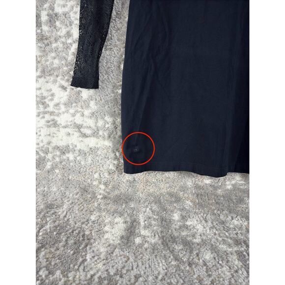 EDC Size S Mesh Keyhole Mock Neck Mini Sheath Dress Navy Long Sleeve Button - Picture 2 of 12